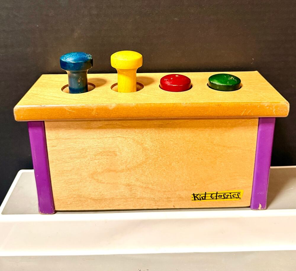 vintage Kid Classics wooden pounding and push-peg toy bench colorful pegs